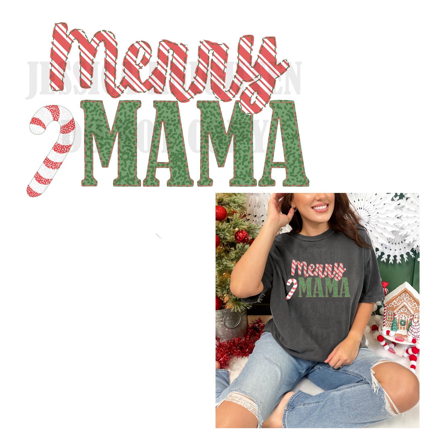Quilted Merry Mama Christmas PNG, Hand Drawn 300 DPI Trendy Holidays Ho Ho Ho, Jolly Vibes, Holly, Merry Bright December File Bow red green