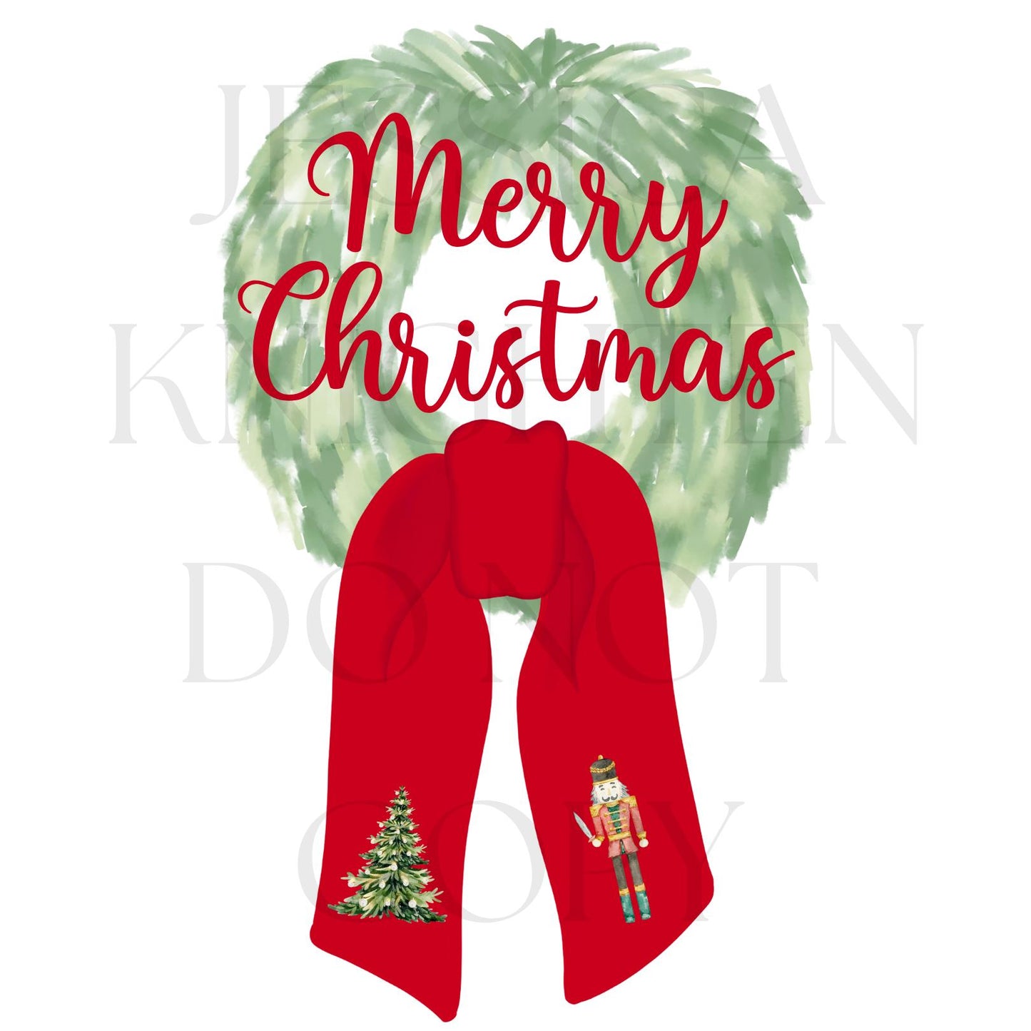 Wreath with Sash Preppy Christmas PNG Hand Drawn 300 DPI Trendy Jolly Chinoiserie Grandmillenial Coastal Grandmother Merry Bright Holly