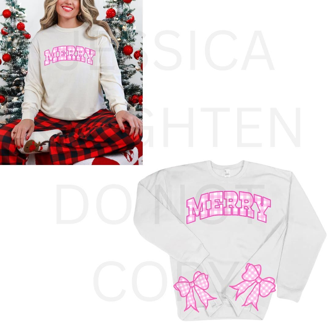 Merry Bow Side PNG design Transparent Christmas Preppy Trendy 300 dpi Nutcracker Candy Cane Pink Red Green Gingham Bow