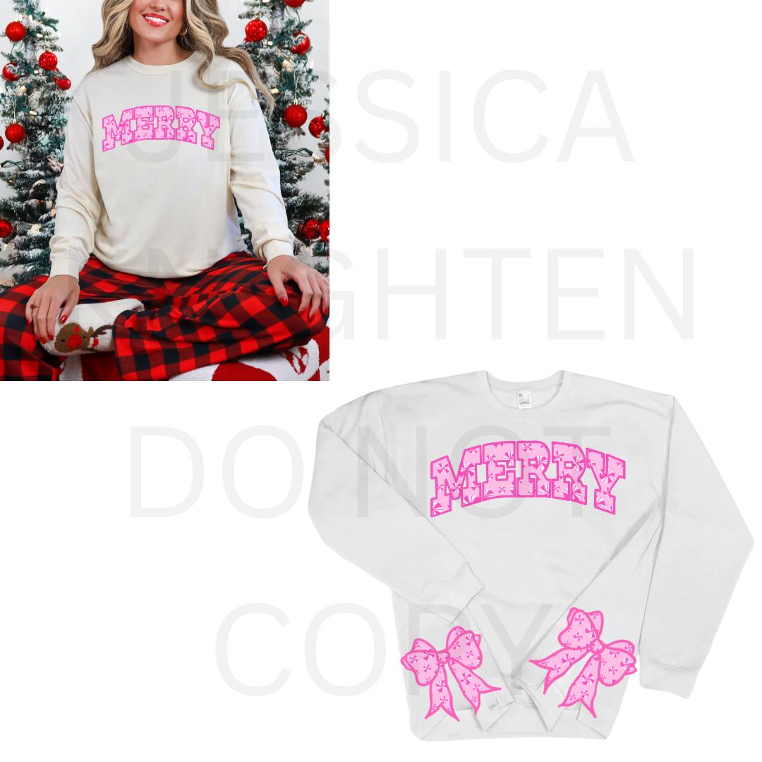 Merry Bow Side PNG design Transparent Christmas Preppy Trendy 300 dpi Nutcracker Candy Cane Pink Red Green Gingham Bow Peppermint Candyland