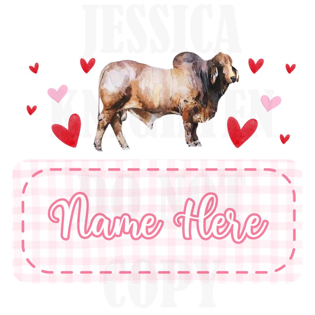 Girly Bull Valentines Digital Design Heart Gingham Name Plate Love Vday Kids Children Shirt PNG Personalized Sub Trendy XoXo Cattle Rancher
