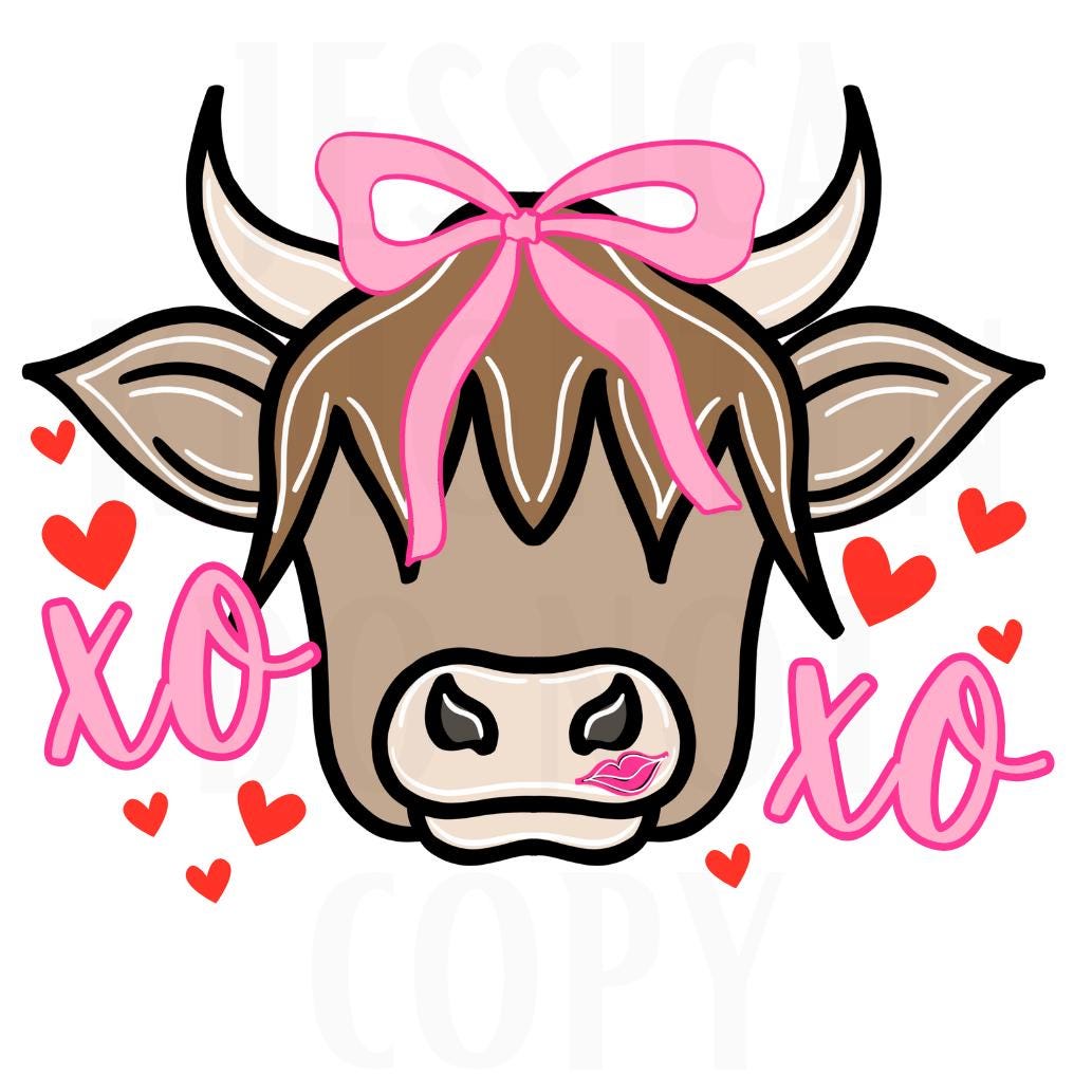 Highlander Cow Valentines Digital Design Heart Love Vday Kids Children Shirt PNG Personalized Sub Trendy XoXo Bow Adult Transparent