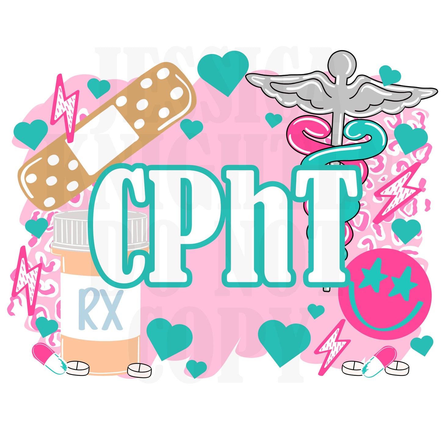 CPhT PNG Trendy Preppy Cheetah Pink Digital Shirt Print Pharmacy Tech RX Pharmacist Bandaid Pill Medicine Pharm Certified Squad Crew