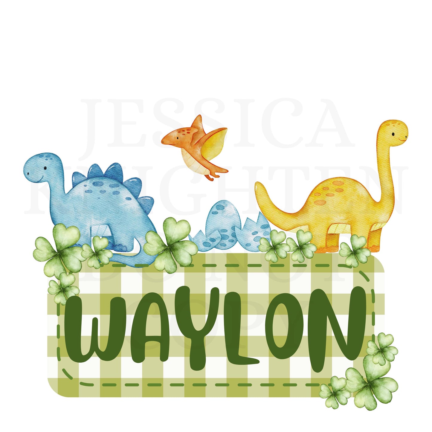 Dinosaur Digital Design Gingham Name Plate Kids Children Shirt PNG Personalized Sub Trendy Dino Clover St. Patty's Irish Pinch Patrick's