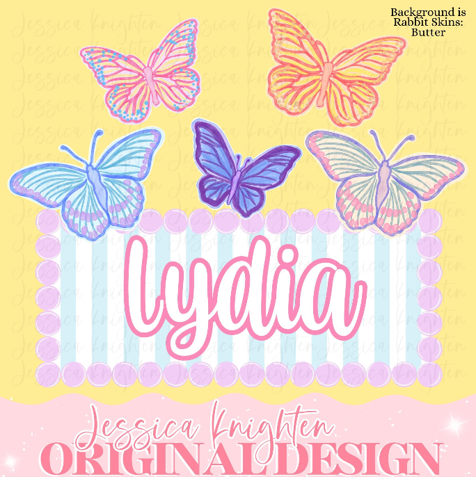 Butterfly Name Plate American Design Kids Children Shirt PNG Personalized Sub Trendy Cute Custom Girls Summer Spring Floral Pink