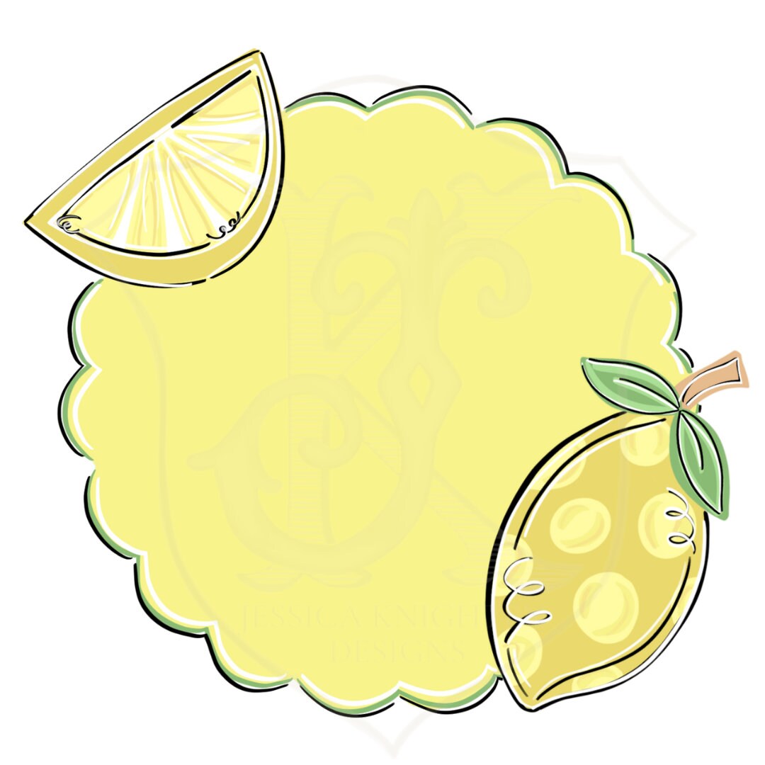 Watercolor Lemon Frame - Preppy - Grandmillenial - Lemonade - Blue - Scallop - Hand Drawn - Summer - Monogram Frame - Name Frame