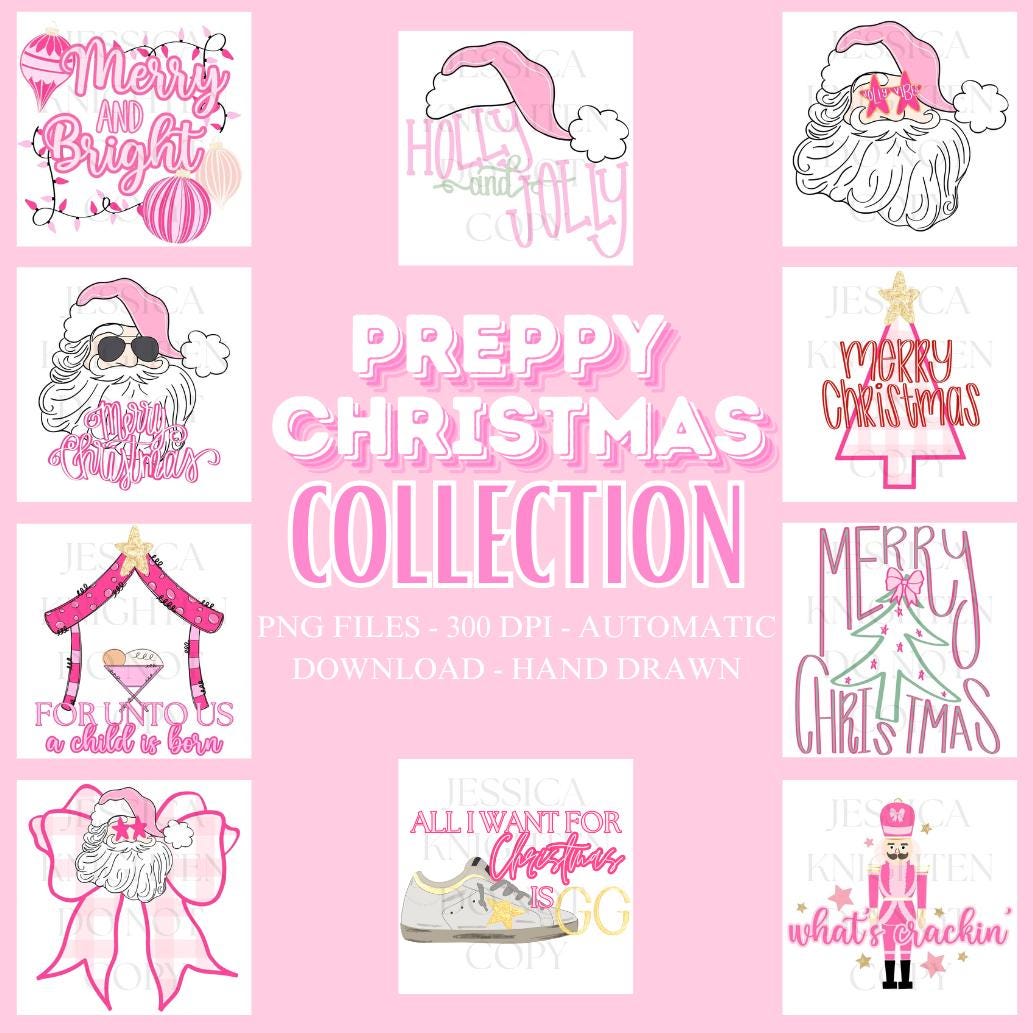 Preppy Christmas PNG Collection, Hand Drawn, 300 DPI, Pink, Trendy, Nutcracker, Gold, Glitter, Transparent, Holly, Jolly, Merry Bright Santa