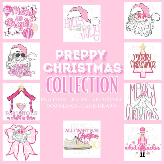 Preppy Christmas PNG Collection, Hand Drawn, 300 DPI, Pink, Trendy, Nutcracker, Gold, Glitter, Transparent, Holly, Jolly, Merry Bright Santa