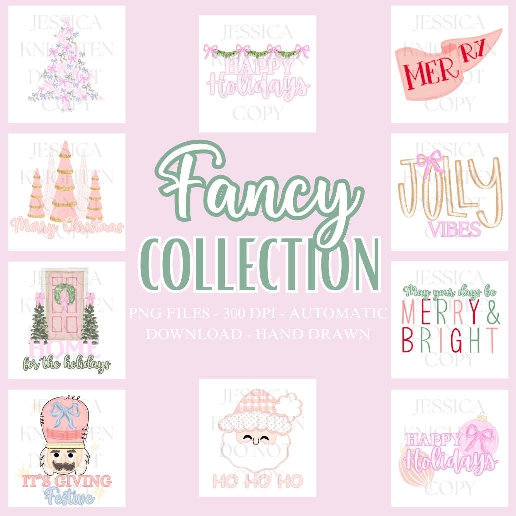 Preppy Christmas PNG Collection, Hand Drawn, 300 DPI, Pink, Trendy, Nutcracker, Gold, Glitter, Transparent, Holly, Jolly, Merry Bright Santa