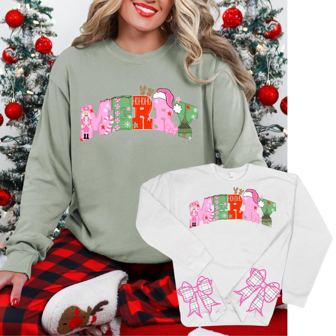 Merry Bow Side PNG design Transparent Christmas Preppy Trendy 300 dpi Nutcracker Candy Cane Pink Red Green Gingham Bow