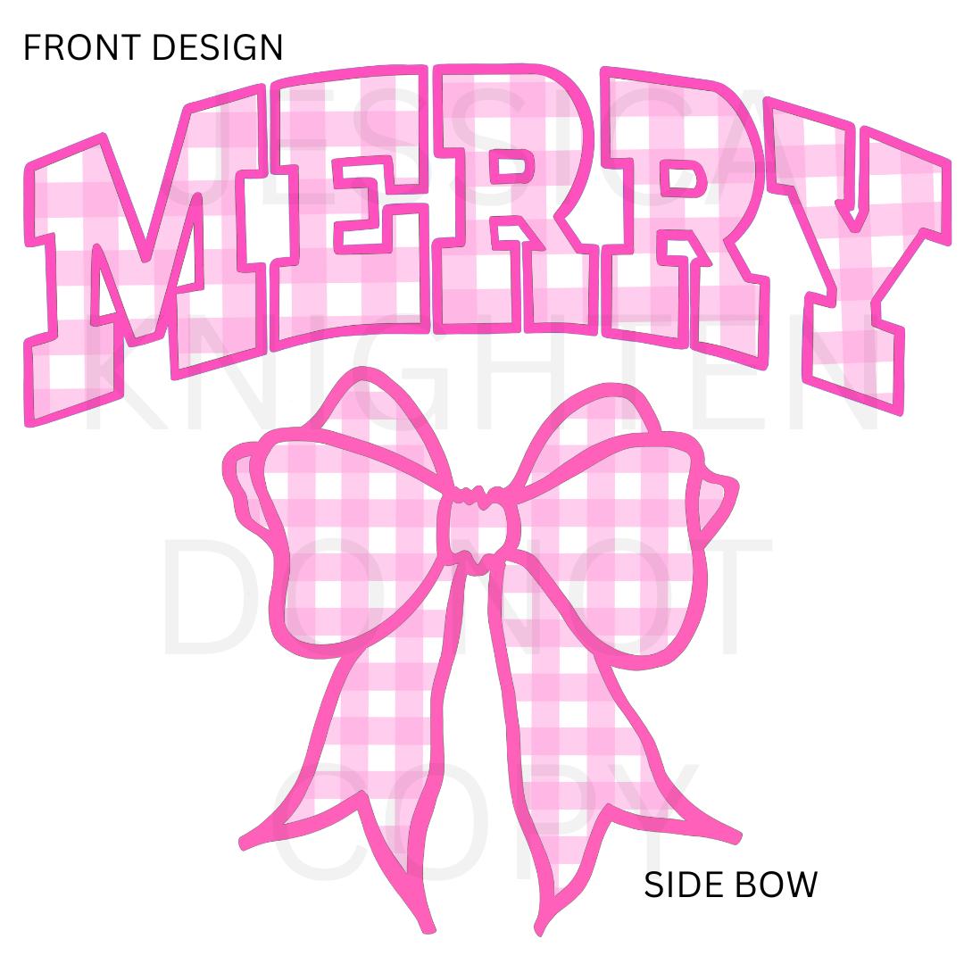 Merry Bow Side PNG design Transparent Christmas Preppy Trendy 300 dpi Nutcracker Candy Cane Pink Red Green Gingham Bow