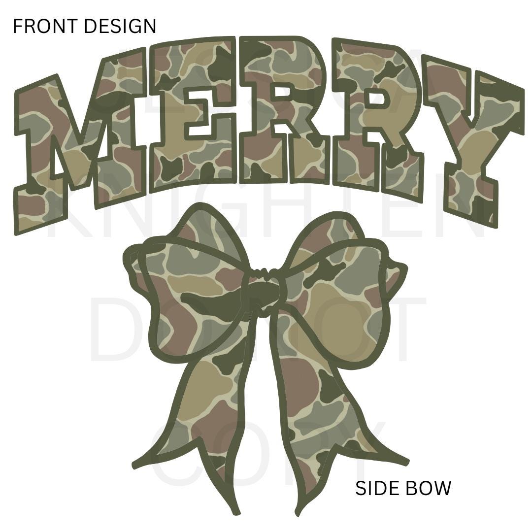 Merry Bow Side PNG design Transparent Christmas Preppy Trendy 300 dpi Nutcracker Candy Cane Red Green Camo Bow