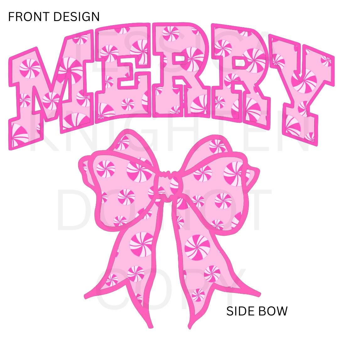 Merry Bow Side PNG design Transparent Christmas Preppy Trendy 300 dpi Nutcracker Candy Cane Pink Red Green Gingham Bow Peppermint Candyland