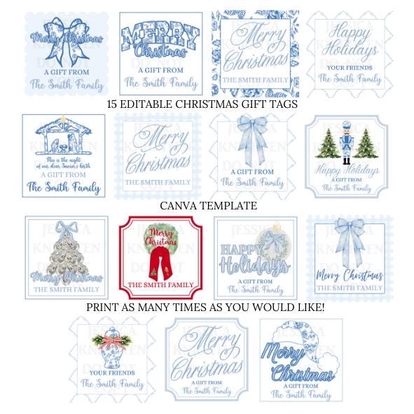 15 Printable Editable Christmas Gift Tags Coastal Grandmillenial Chinoiserie Preppy Sticker Print Your Own Canva Square Digital File Print
