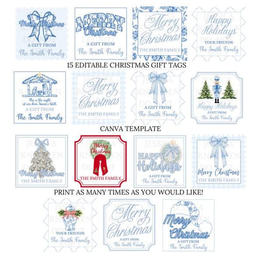 15 Printable Editable Christmas Gift Tags Coastal Grandmillenial Chinoiserie Preppy Sticker Print Your Own Canva Square Digital File Print