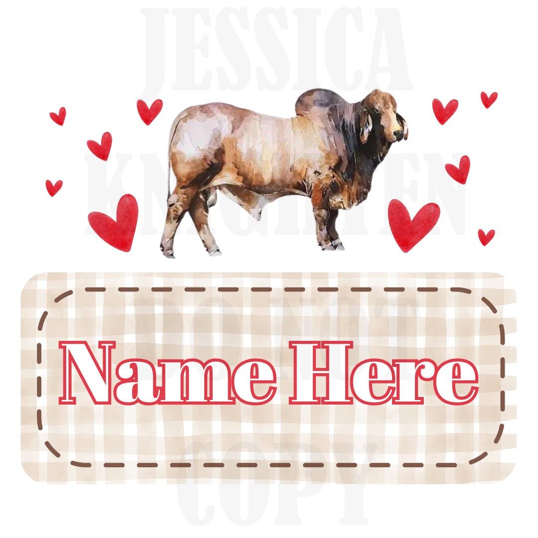 Bull Valentines Digital Design Heart Gingham Name Plate Love Vday Kids Children Shirt PNG Personalized Sub Trendy XoXo Brahman Cattle
