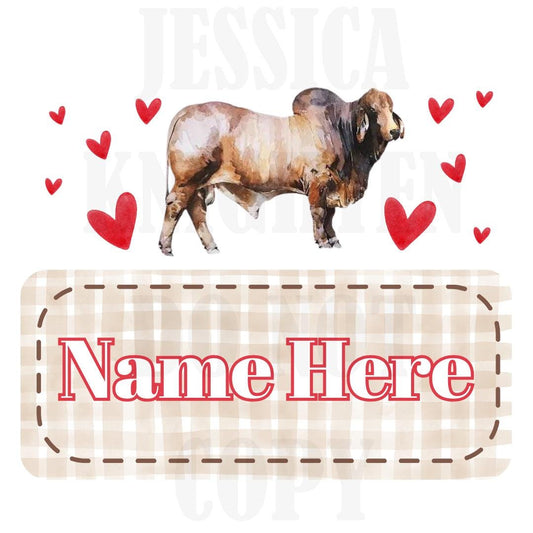 Bull Valentines Digital Design Heart Gingham Name Plate Love Vday Kids Children Shirt PNG Personalized Sub Trendy XoXo Brahman Cattle