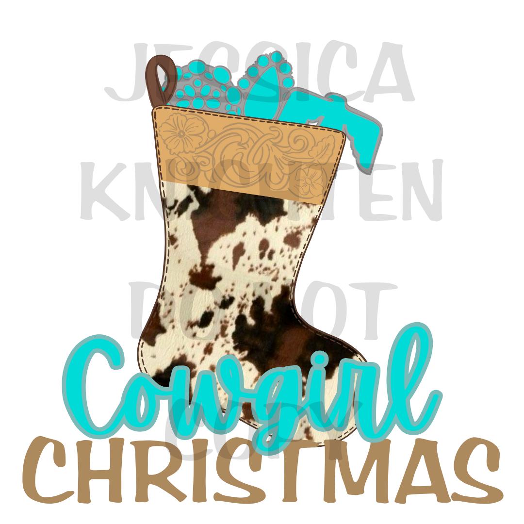 Turquoise Stocking Santa Christmas PNG, Hand Drawn, 300 DPI, Western, Trendy, Cowboy, Cowgirl, Boots, Preppy, Howdy Christmas, Cow Print