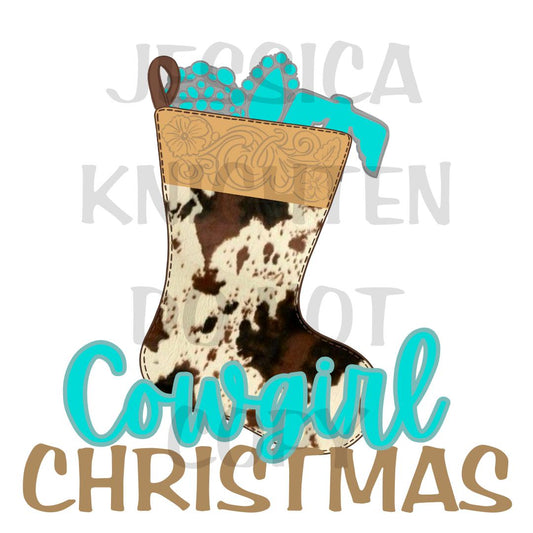 Turquoise Stocking Santa Christmas PNG, Hand Drawn, 300 DPI, Western, Trendy, Cowboy, Cowgirl, Boots, Preppy, Howdy Christmas, Cow Print