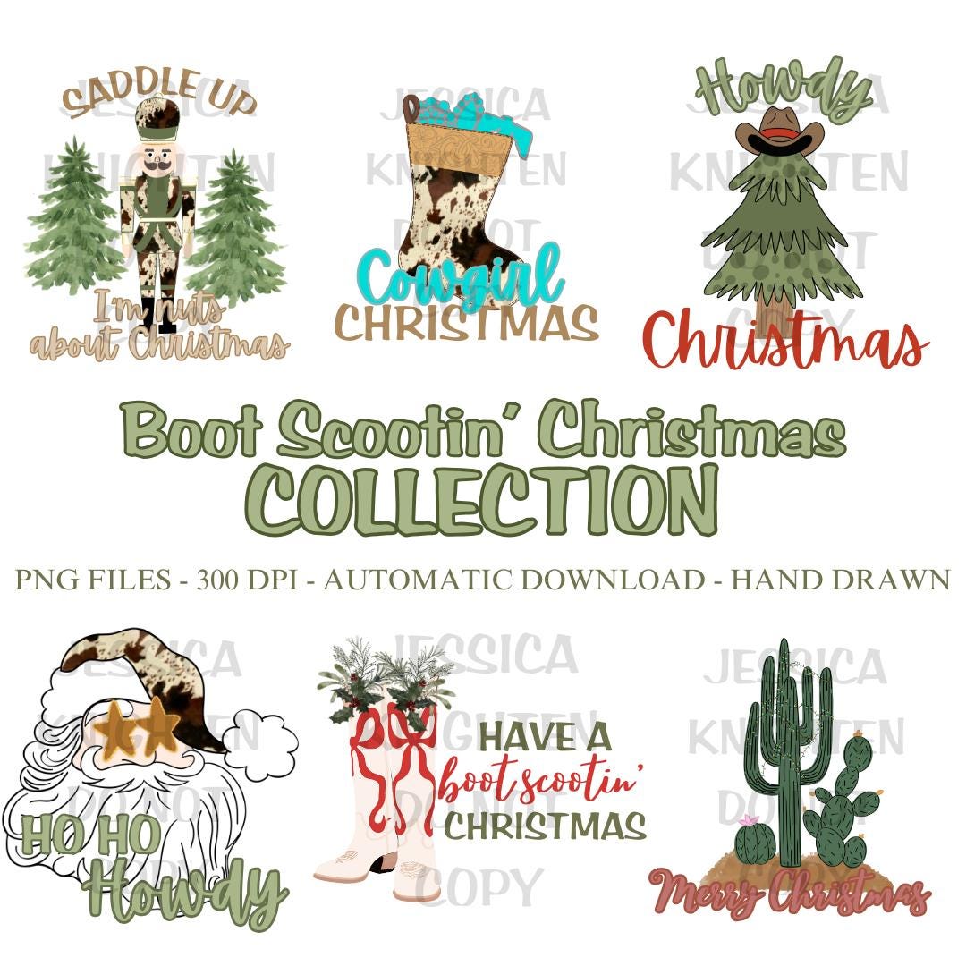 Boot Scootin' Christmas PNG Collection, Hand Drawn, 300 DPI, Western, Trendy, Cowgirl, Boots, Preppy, Howdy Christmas, Cow Print, Turquoise
