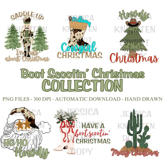 Boot Scootin' Christmas PNG Collection, Hand Drawn, 300 DPI, Western, Trendy, Cowgirl, Boots, Preppy, Howdy Christmas, Cow Print, Turquoise