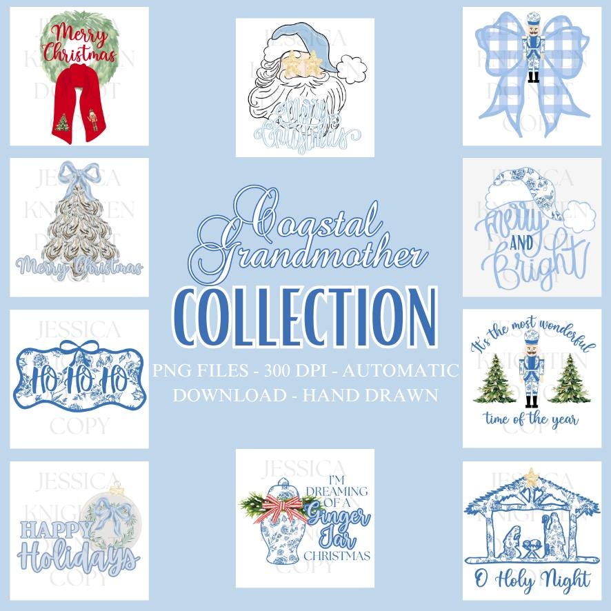 Coastal Grandmother Grandmillenial Preppy Christmas PNG Collection Hand Drawn Trendy Nutcracker Transparent Holly Jolly Merry Bright Santa