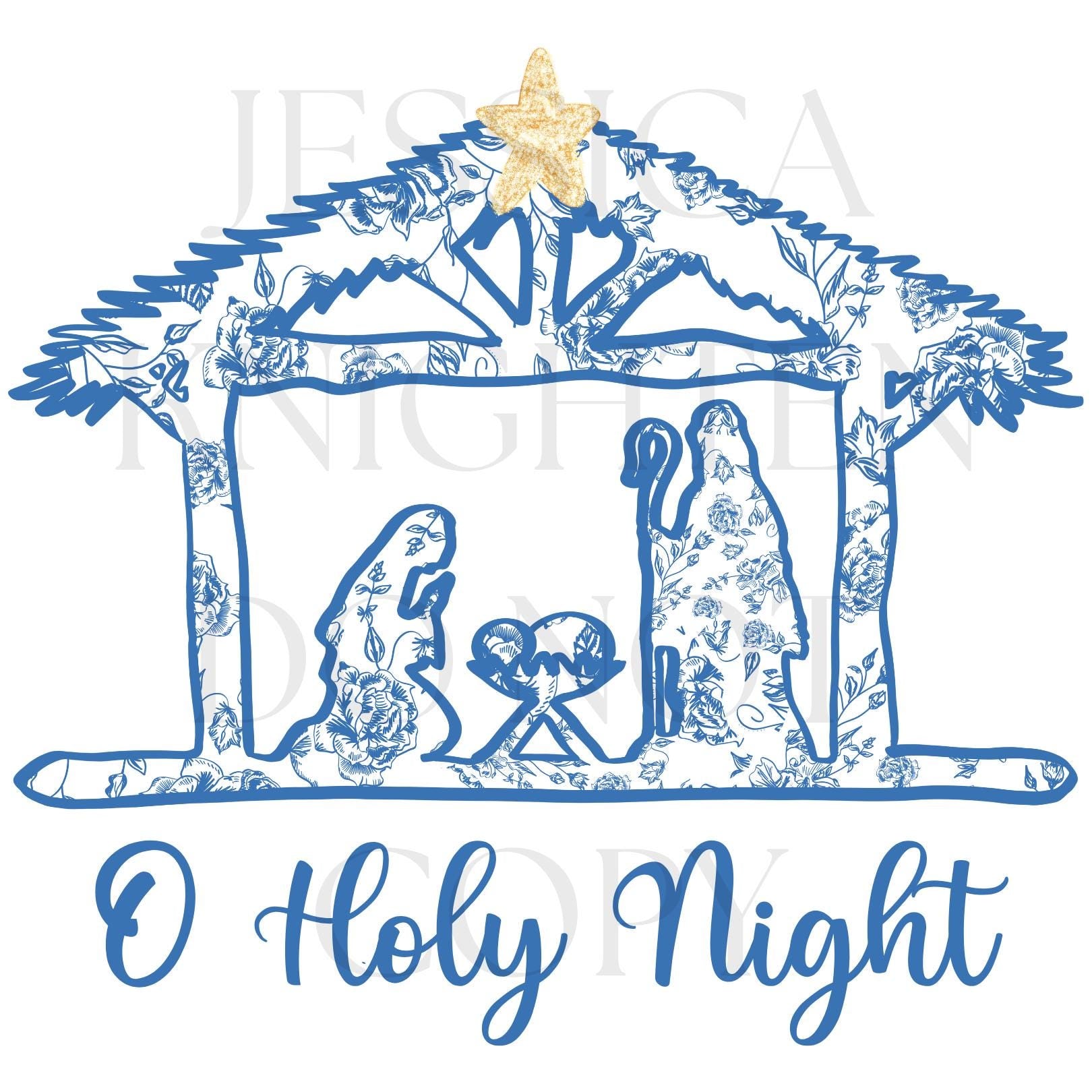 O Holy Night Manger Preppy Christmas PNG Hand Drawn 300 DPI Trendy Jolly Chinoiserie Grandmillenial Coastal Grandmother Merry Bright Holly