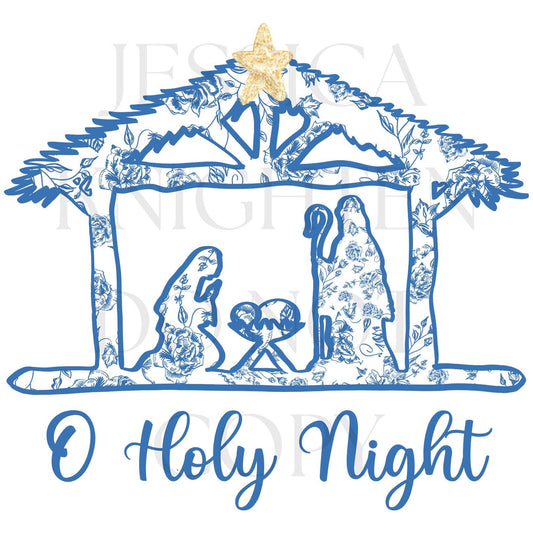 O Holy Night Manger Preppy Christmas PNG Hand Drawn 300 DPI Trendy Jolly Chinoiserie Grandmillenial Coastal Grandmother Merry Bright Holly