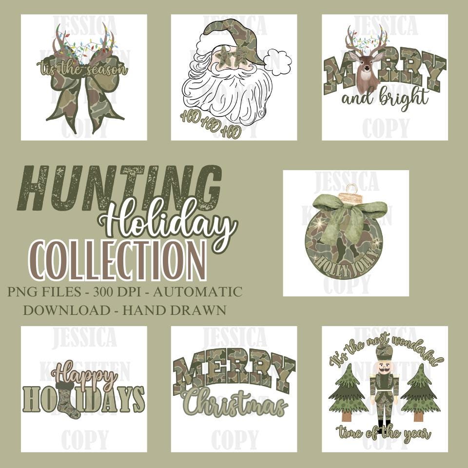 Hunting Holiday Camo Deer Preppy Christmas PNG Collection Hand Drawn Trendy Nutcracker Transparent Holly Jolly Merry Bright Santa Nutcracker