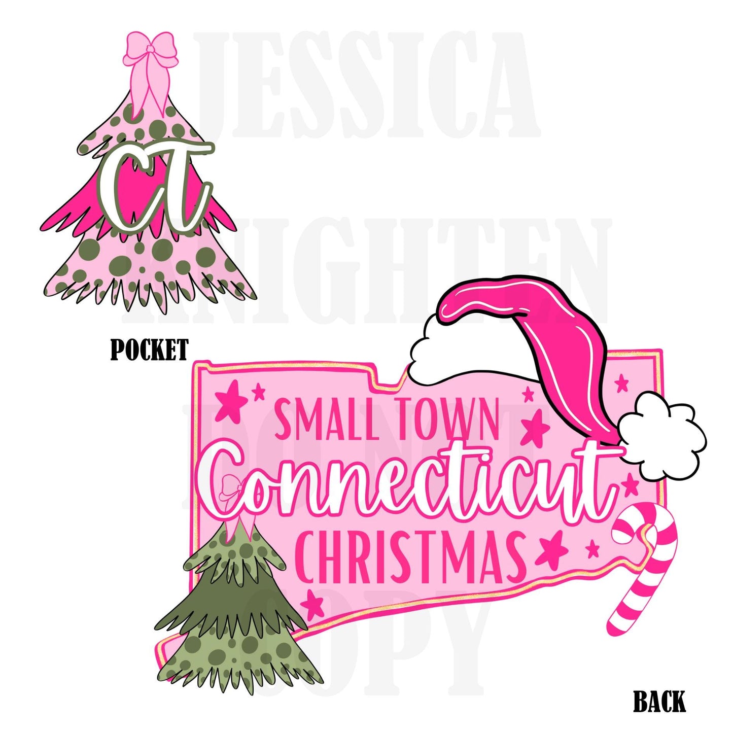 Small Town Connecticut Christmas Bow Pink Trendy PNG 300 DPI Preppy Tree Santa Candy Cane Merry Bright Popular Coquette Transparent Original