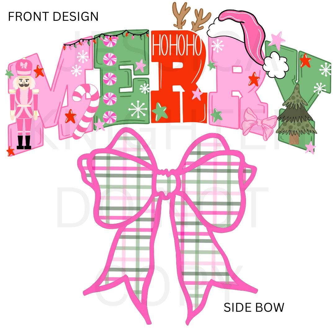 Merry Bow Side PNG design Transparent Christmas Preppy Trendy 300 dpi Nutcracker Candy Cane Pink Red Green Gingham Bow