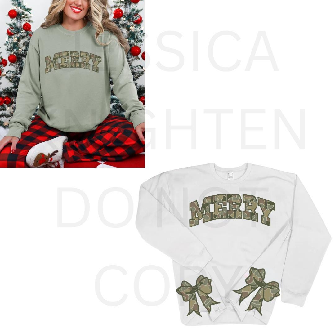 Merry Bow Side PNG design Transparent Christmas Preppy Trendy 300 dpi Nutcracker Candy Cane Red Green Camo Bow