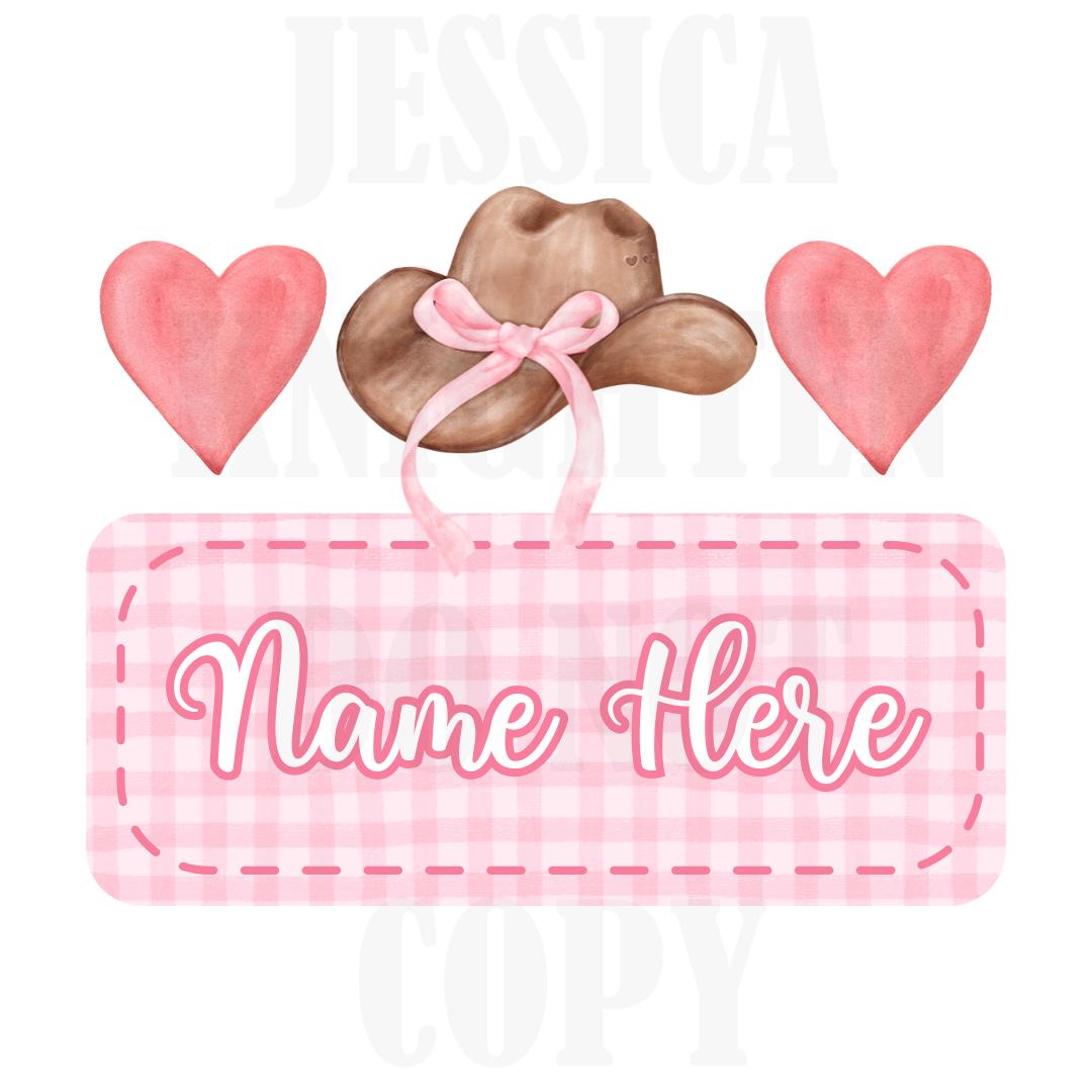 Cowgirl Valentines Digital Design Heart Gingham Name Plate Love Vday Kids Children Shirt PNG Personalized Sub Trendy XoXo Hat Bow