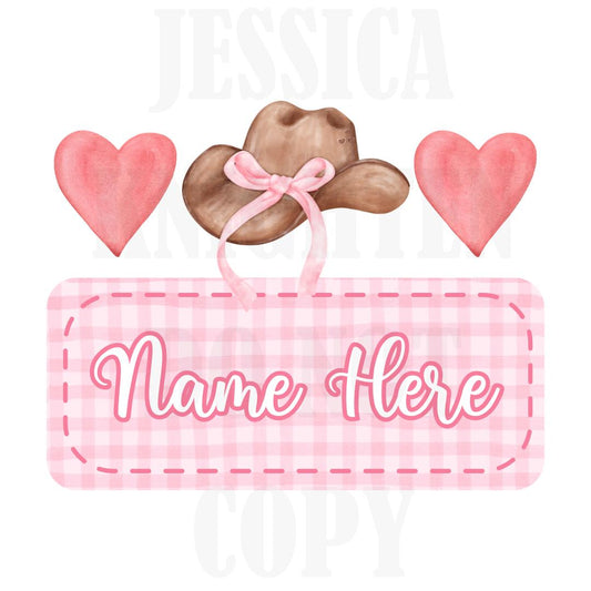 Cowgirl Valentines Digital Design Heart Gingham Name Plate Love Vday Kids Children Shirt PNG Personalized Sub Trendy XoXo Hat Bow