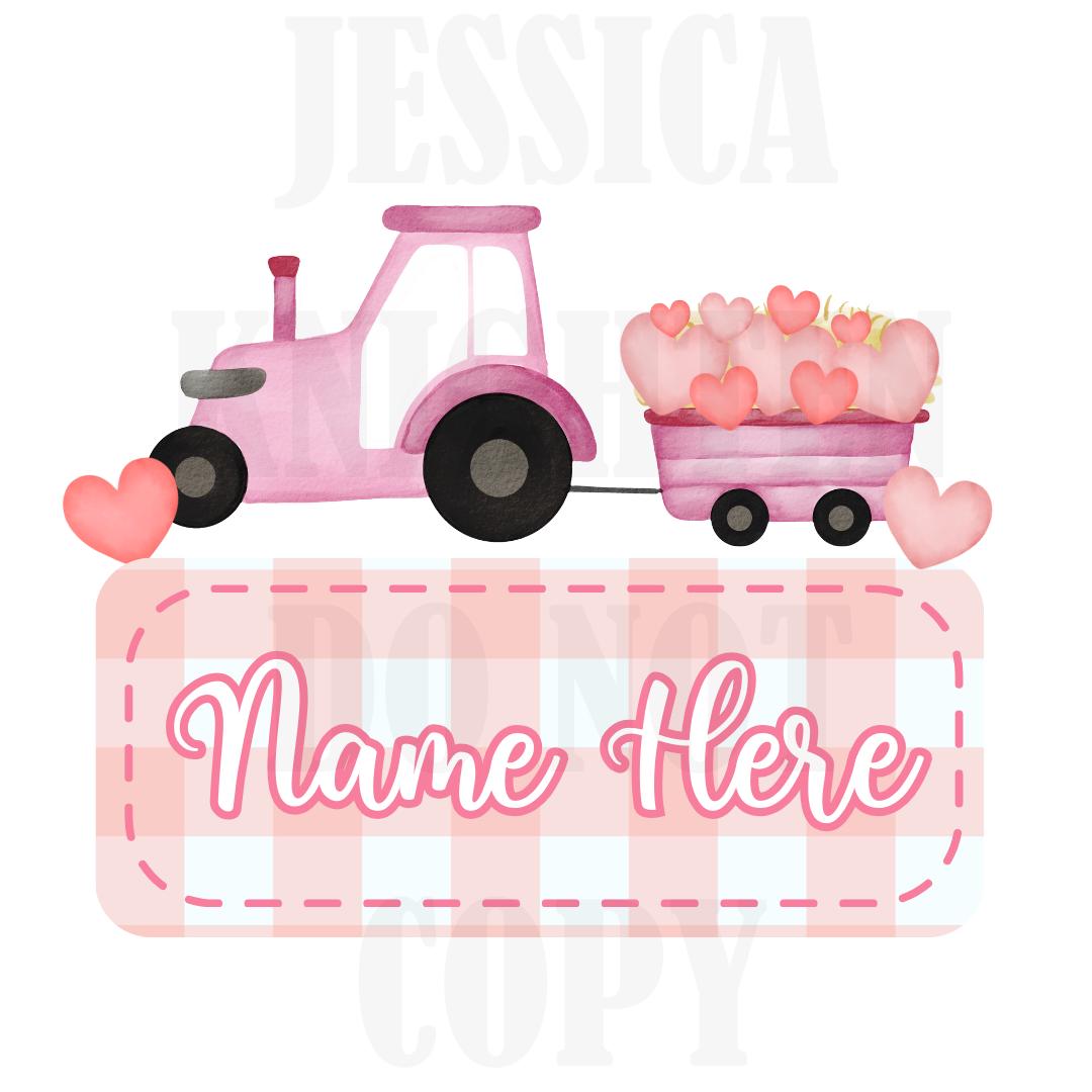 Girly Tractor Valentines Digital Design Heart Gingham Name Plate Love Vday Kids Children Shirt PNG Personalized Sub Trendy XoXo Farmer