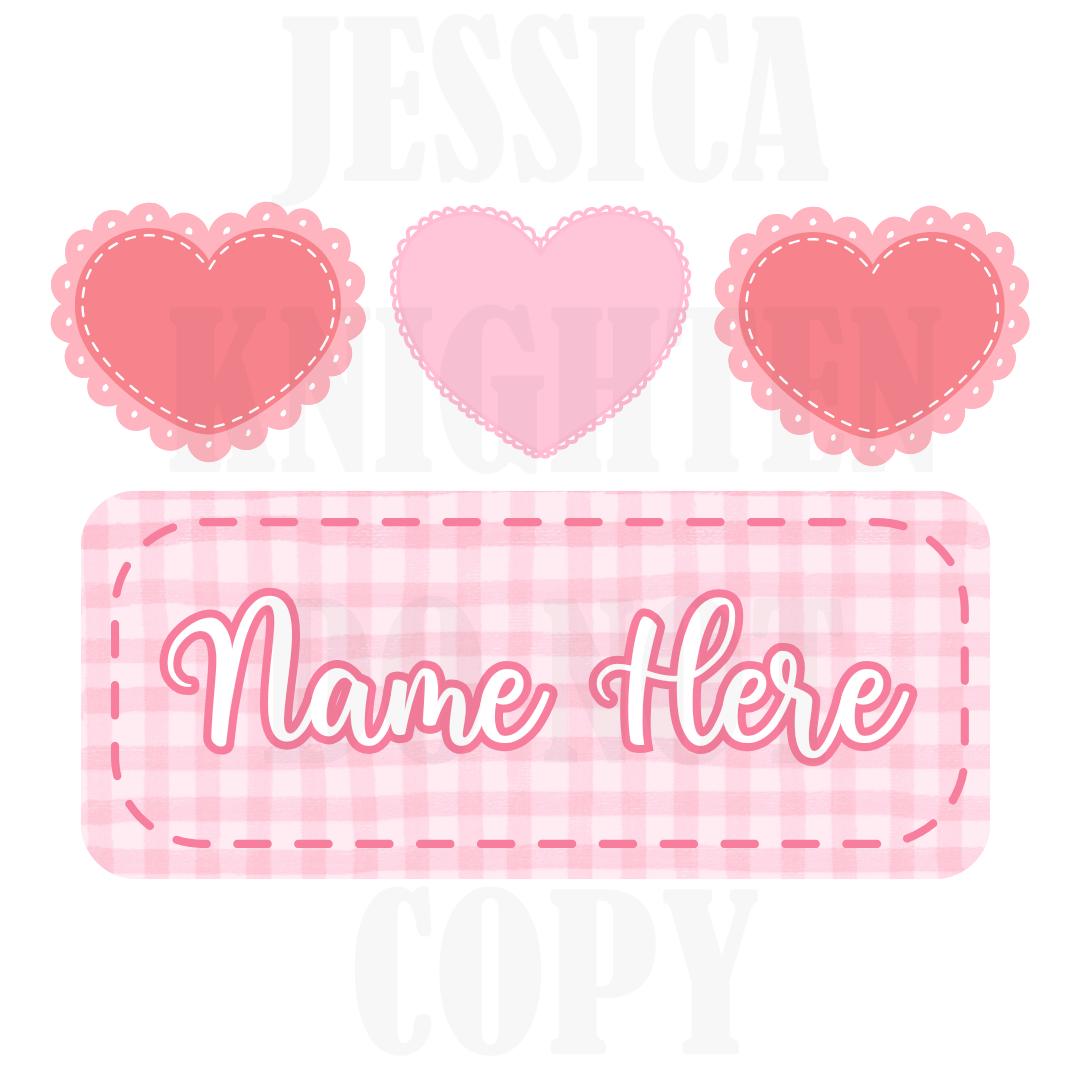 Heart Trio Valentines Digital Design Heart Gingham Name Plate Love Vday Kids Children Shirt PNG Personalized Sub Trendy XoXo Dino