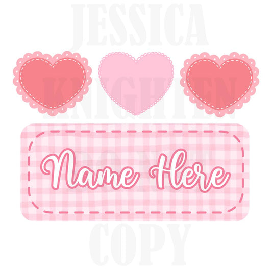 Heart Trio Valentines Digital Design Heart Gingham Name Plate Love Vday Kids Children Shirt PNG Personalized Sub Trendy XoXo Dino