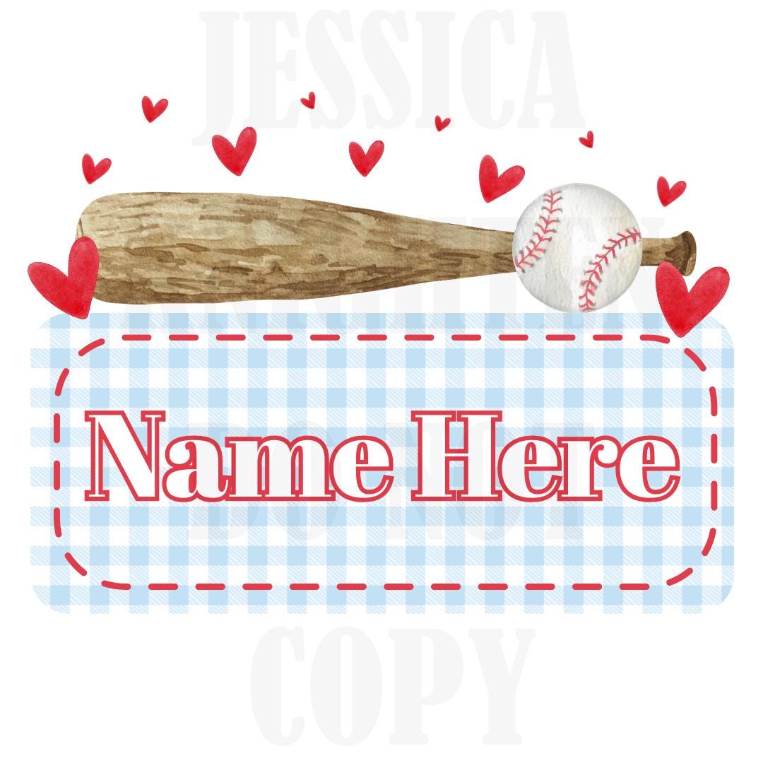 Baseball Valentines Digital Design Heart Gingham Name Plate Love Vday Kids Children Shirt PNG Personalized Ball Boy Sub Trendy XoXo Cute