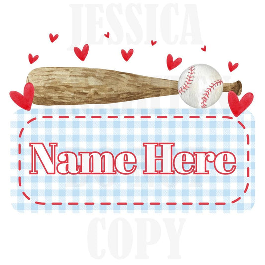 Baseball Valentines Digital Design Heart Gingham Name Plate Love Vday Kids Children Shirt PNG Personalized Ball Boy Sub Trendy XoXo Cute