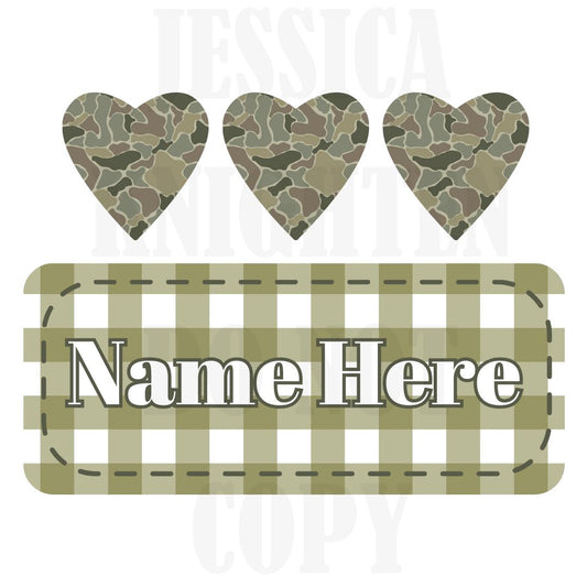 Camo Valentines Digital Design Heart Gingham Name Plate Love Vday Kids Children Shirt PNG Personalized Sub Trendy XoXo Hunter Hunting Boys