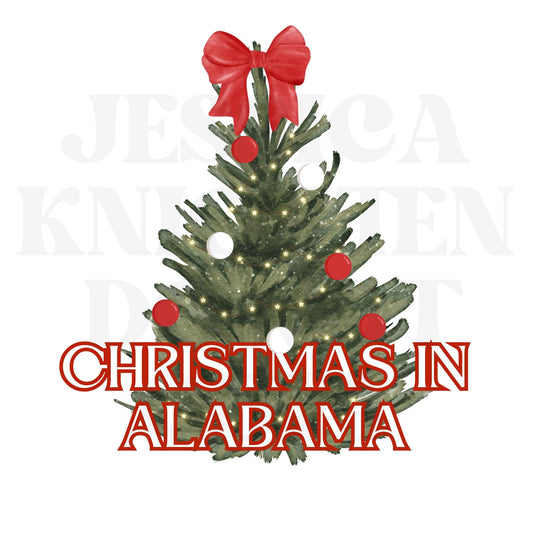 Christmas in Alabama Small Town Bow Trendy PNG 300 DPI Preppy Tree Merry Bright Popular Coquette Transparent Original College Red White