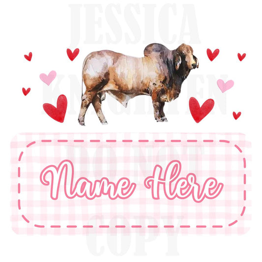 Girly Bull Valentines Digital Design Heart Gingham Name Plate Love Vday Kids Children Shirt PNG Personalized Sub Trendy XoXo Cattle Rancher