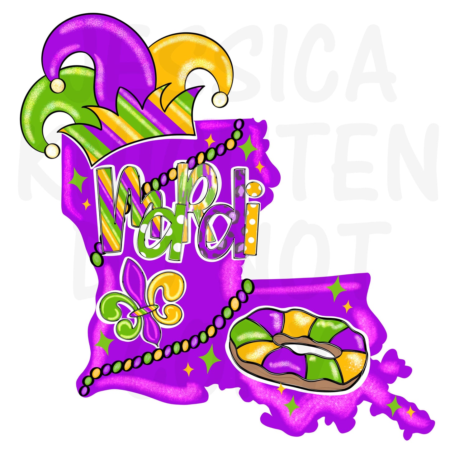 Mardi Gras Hand Drawn PNG Party Digital Download Towel Design Shirt Original Unique DTF Sublimation Design Fleur De Lis King Cake Door State