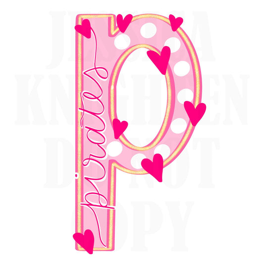 Pirates Mascot Letter Preppy Pink Valentines Football Team Go PNG Sublimation File Glitter Gold DTF Print Digital Unique Trendy