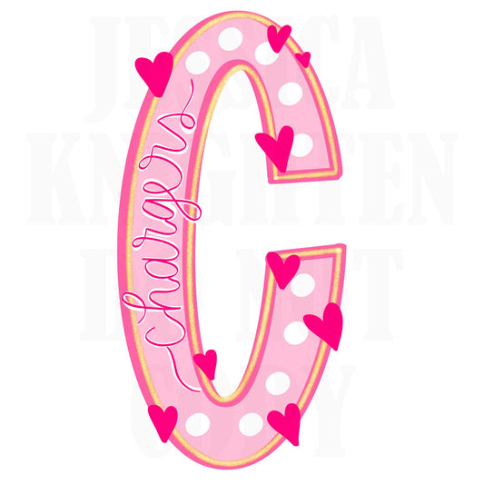 Chargers Mascot Letter Preppy Pink Valentines Football Team Go PNG Sublimation File Glitter Gold DTF Print Digital Unique Trendy