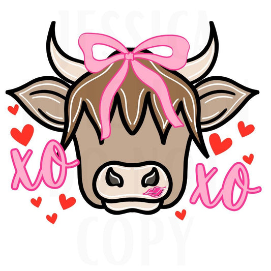 Highlander Cow Valentines Digital Design Heart Love Vday Kids Children Shirt PNG Personalized Sub Trendy XoXo Bow Adult Transparent