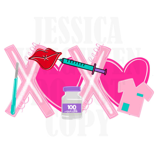 Aesthetic Nurse Practitioner Digital Filler Lips Preppy Valentines PNG Scrubs Pink XOXO Love Dermoplane Syringe Transparent Shirt Design