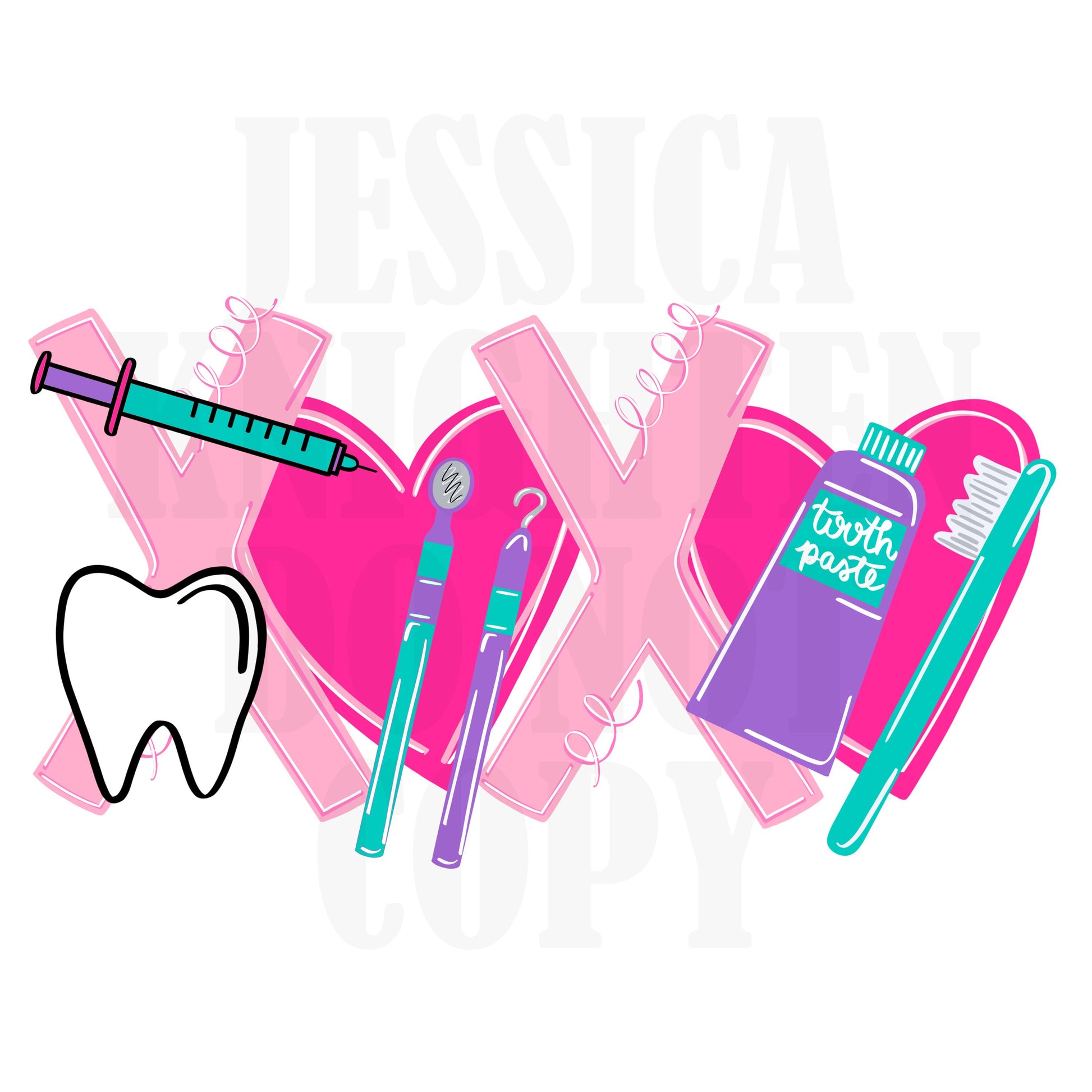 Dentist Assistant Hygeinist Digital Lips Preppy Valentines PNG Pink XOXO Love Transparent Shirt Design Trendy ToothBrush Paste Syringe tooth