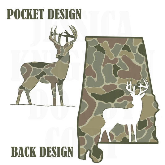 Men and Women Everyday Hunting PNG Digital Design Camo Camoflauge Deer Silhouette Pocket and Back Files Kid Design Male Shirt Alabama State