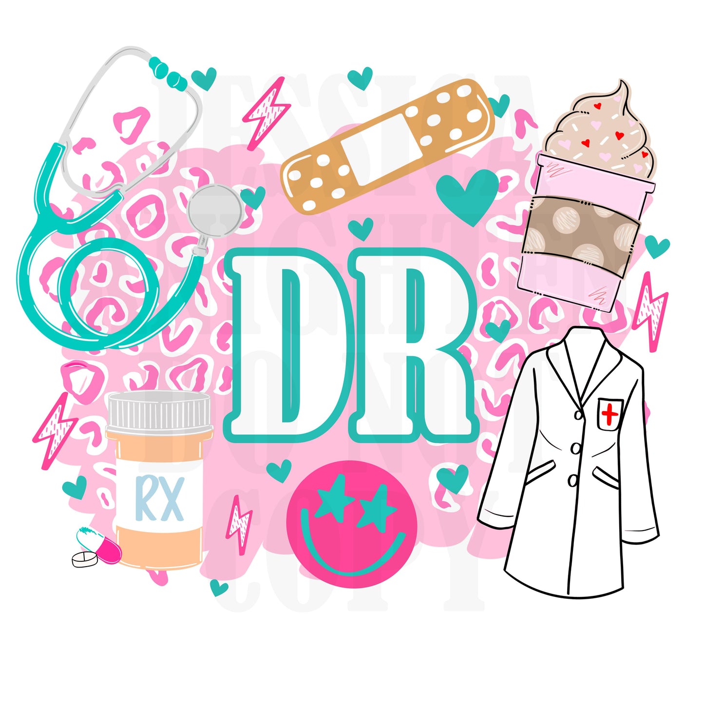 Doctor PNG Trendy Preppy Cheetah Pink Digital Shirt Print Dr Stethoscope Lab Coat RX Prescribe Doc Coffee